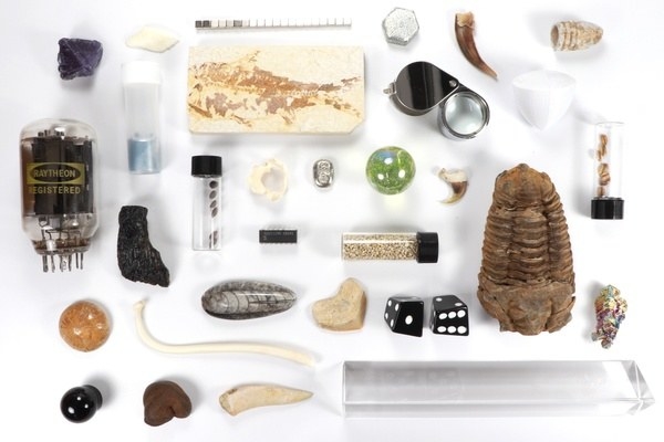 an array of fossils, test tubes, stones, and scientific objects 