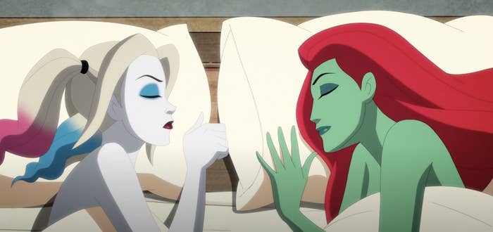 Harley Quinn and Poison Ivy laying in bed together 
