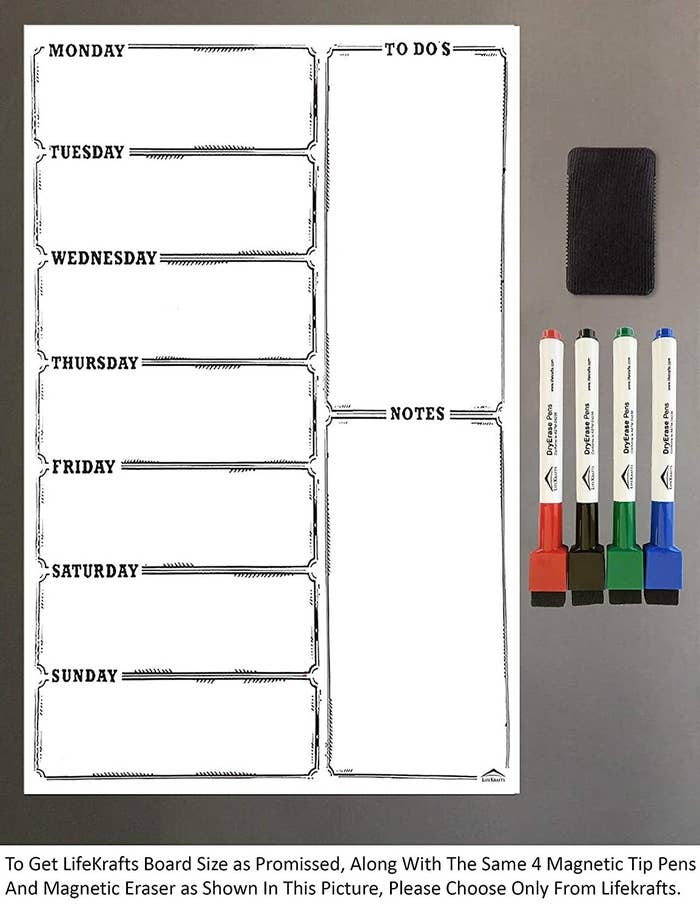 A magnetic dry erase board with separate rows for each day of the week and two narrow columns for a to-do list and notes.