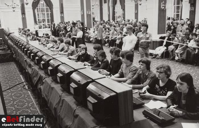 Young gamers playing the first competitive esport tournament in 1972