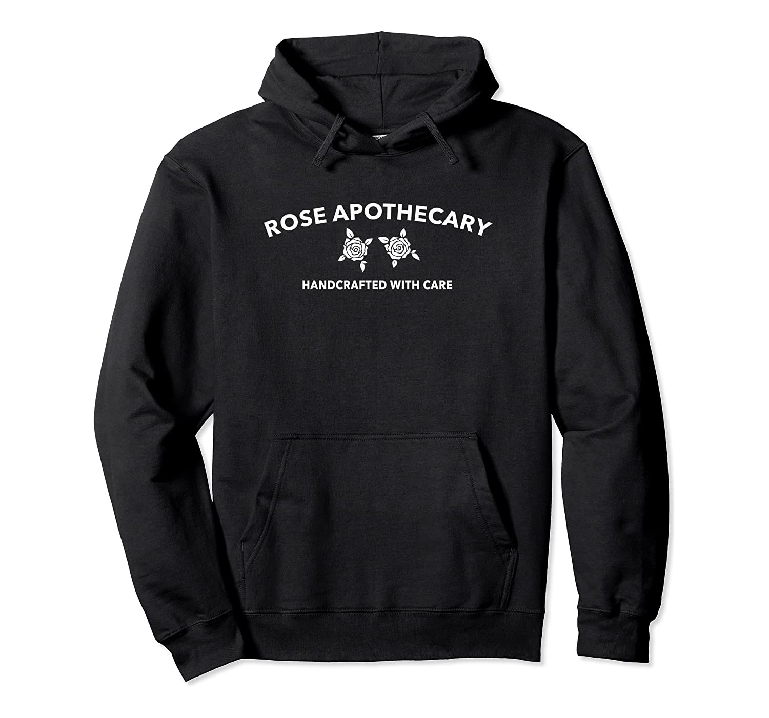 The black hoodie with two roses and text &quot;Rose apothecary handcrafted with care&quot;