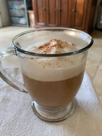Reviewer photo of their homemade latte with a thick layer of foam