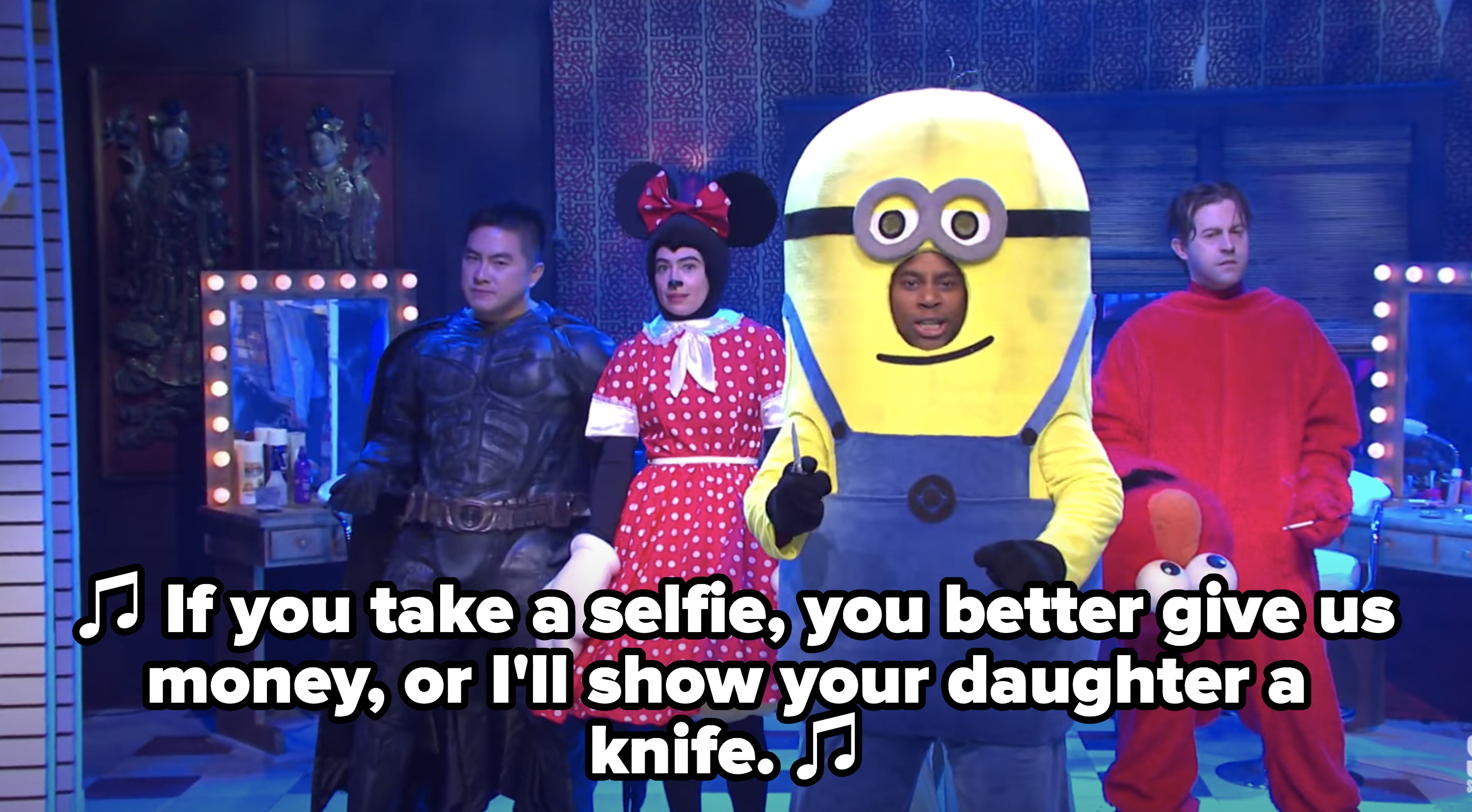 Minion singing that you better pay them if you take a selfie or they&#x27;ll take out a knife