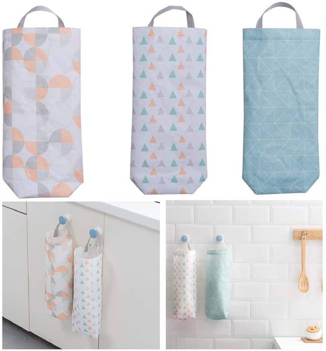 two hanging bag organizers with a hand pulling a grocery bag out of the bottom of one