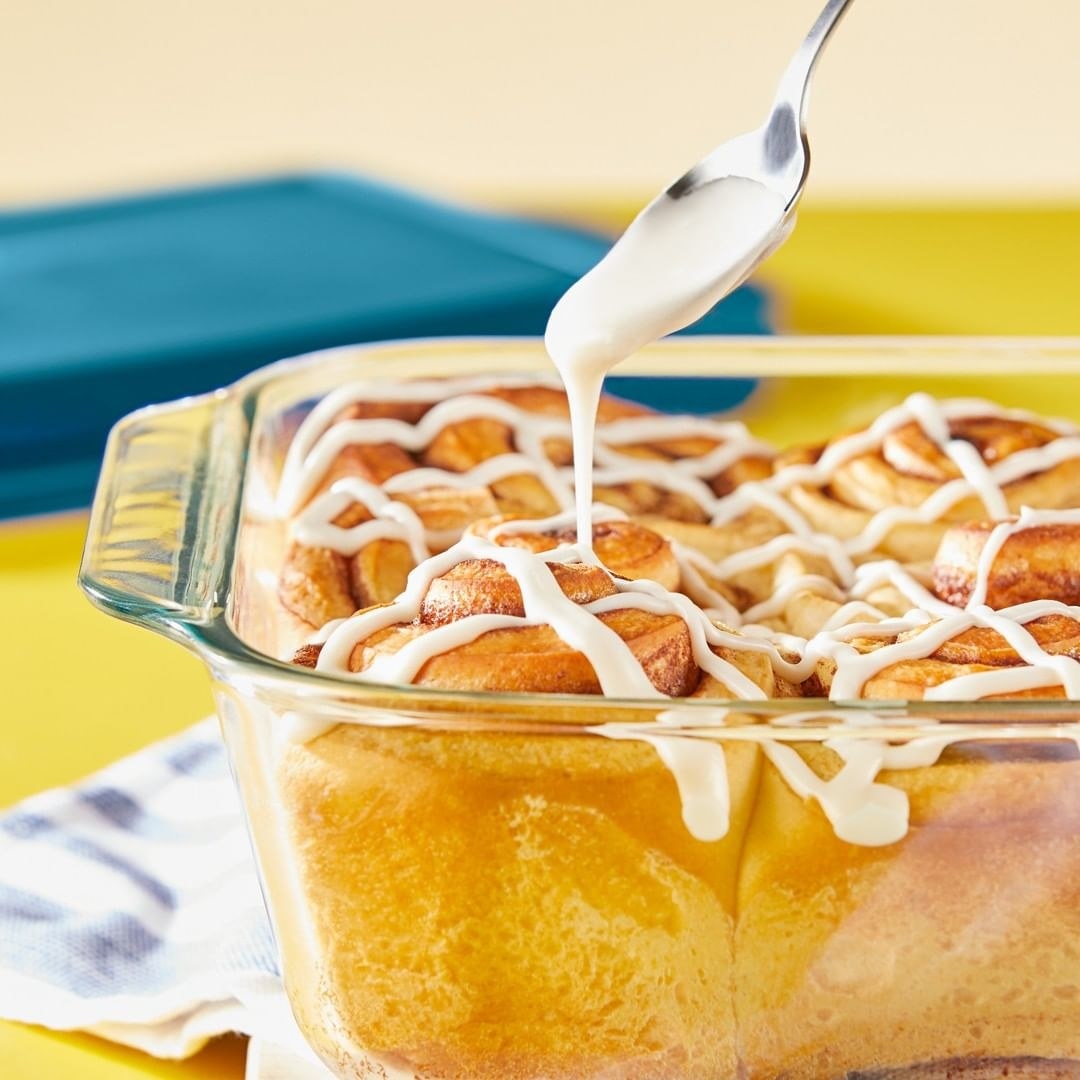 Cinnamon rolls in clear container