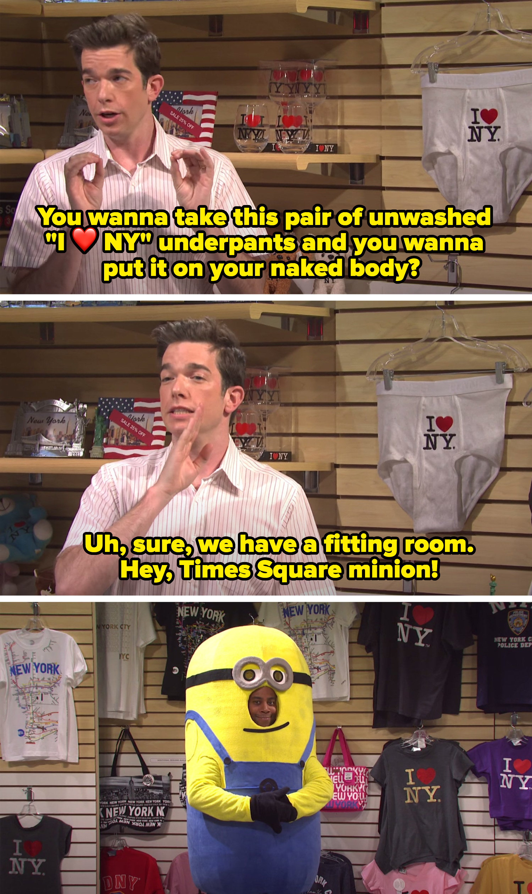 John introducing the Times Square minion to bring Pete to the dressing room.