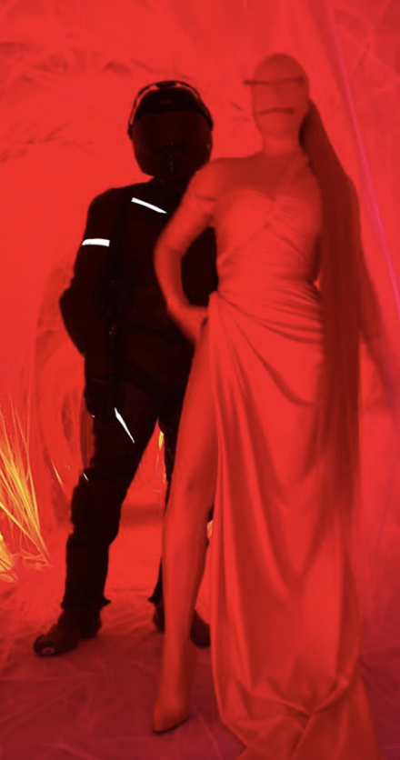 Kim Kardashian and Kanye West as red and black Balenciaga figures