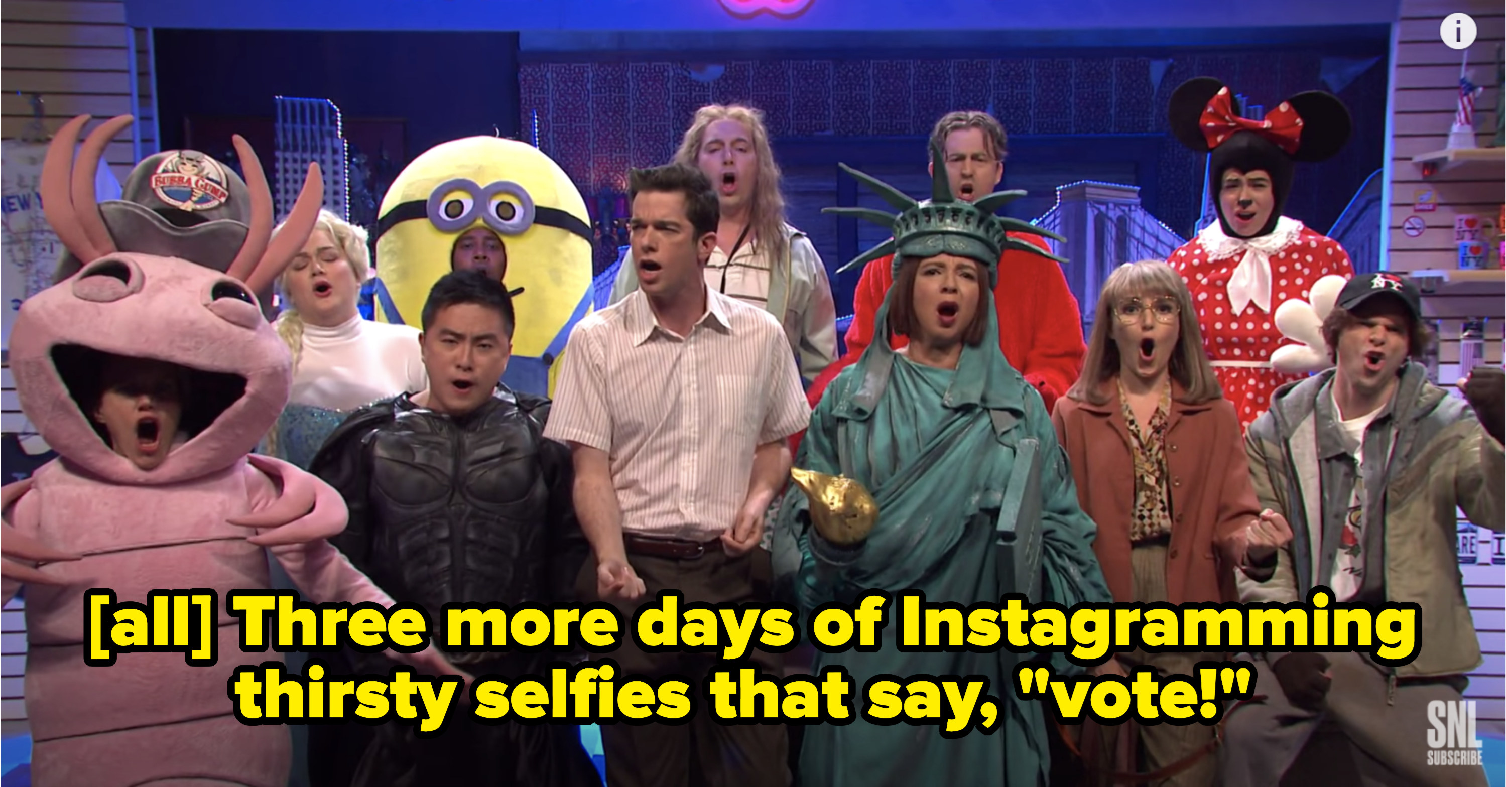 All singing, &#x27;Three more days of Instagramming thirsty selfies that say, &#x27;vote&#x27;!&quot;