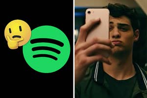 A Spotify logo is on the left with a think face emoji and a man holding up his phone on the right