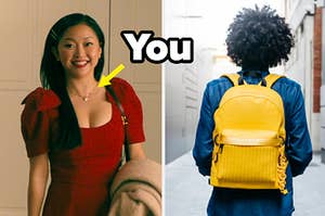 Lara Jean is on the left with an arrow and label, "You" pointed at her necklace and a person wearing a backpack on the right