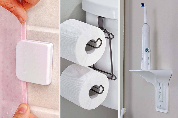 split thumbnail of thing that holds shower curtain in place, toilet paper roll holder on side of toilet tank, outlet shelf with an electric toothbrush on it
