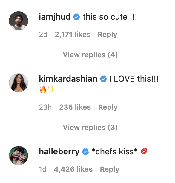 Jennifer Hudson saying &quot;This is so cute!!!&quot; and Kim Kardashian saying &quot;I LOVE this!!!&quot; and Halle Berry saying &quot;*chef&#x27;s kiss*&quot;