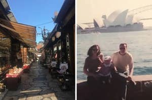 Side by side image of beautiful street and a young family in front of the Sydney Opera House