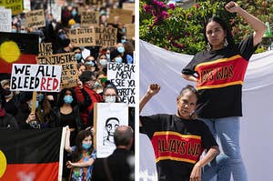 Side by side of protesters at a Black Lives Matter rally in Australia and two women wearing shirts that say "Always was" and raising up their hands in the BLM symbol