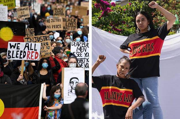 Side by side of protesters at a Black Lives Matter rally in Australia and two women wearing shirts that say "Always was" and raising up their hands in the BLM symbol