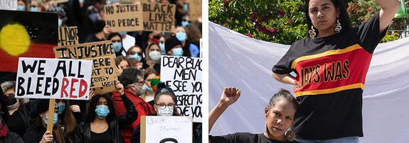 Side by side of protesters at a Black Lives Matter rally in Australia and two women wearing shirts that say 