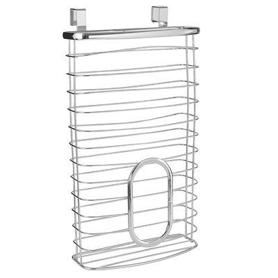A silver metal wire organizer made for plastic bags