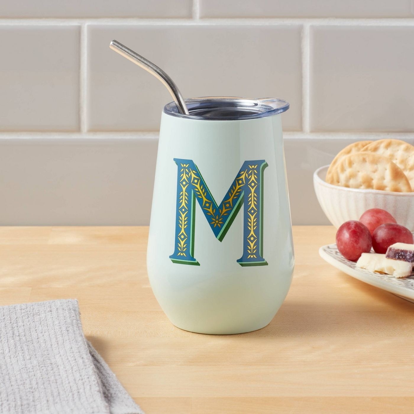 12oz wine tumbler with initial and straw