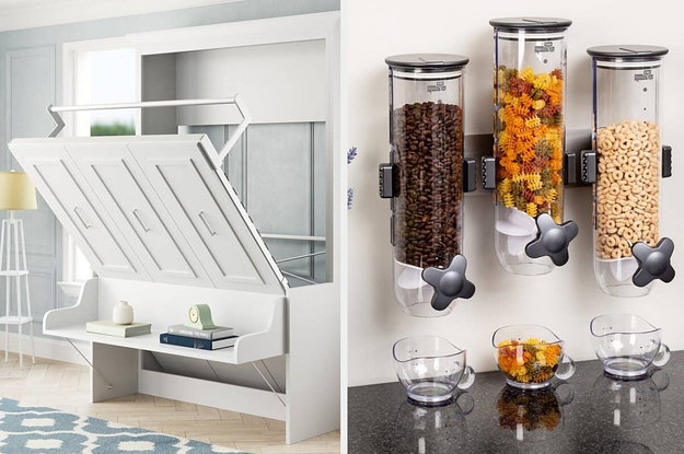 on the left a white murphy bed and on right glass containers with dry goods