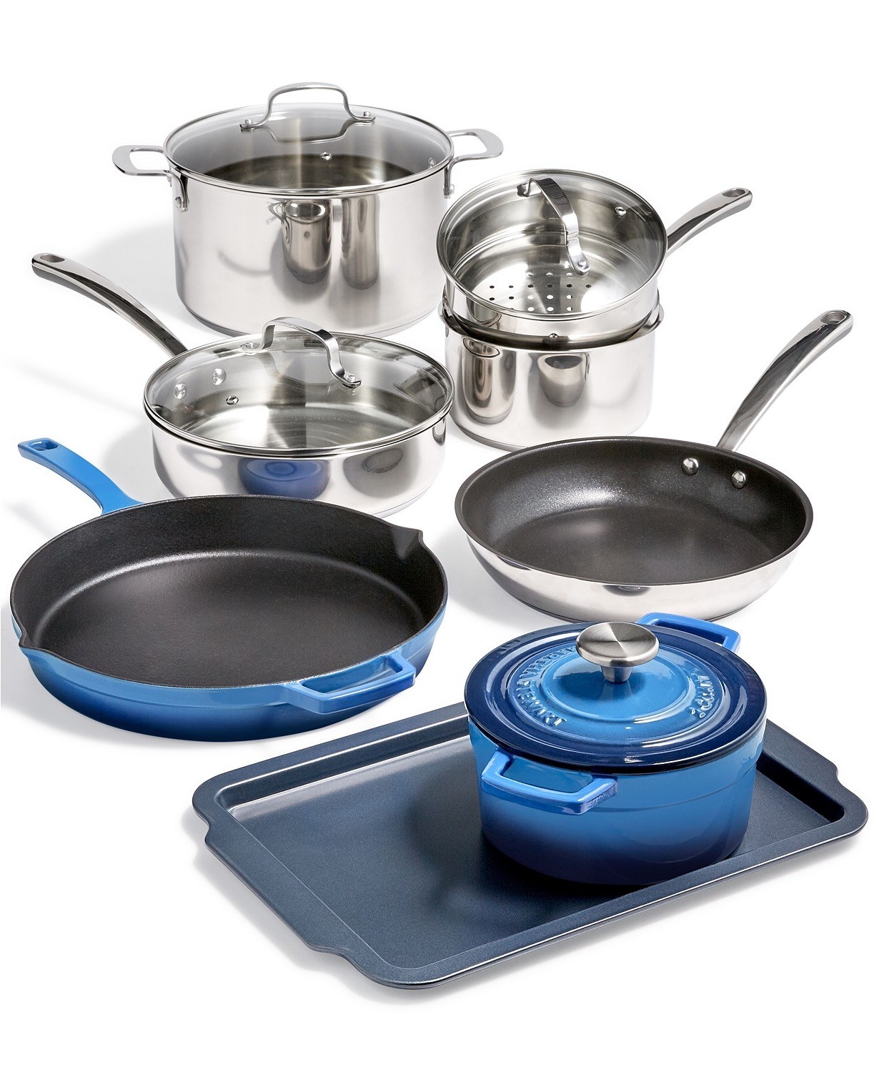 The contents of the set, which the cast iron products in blue 