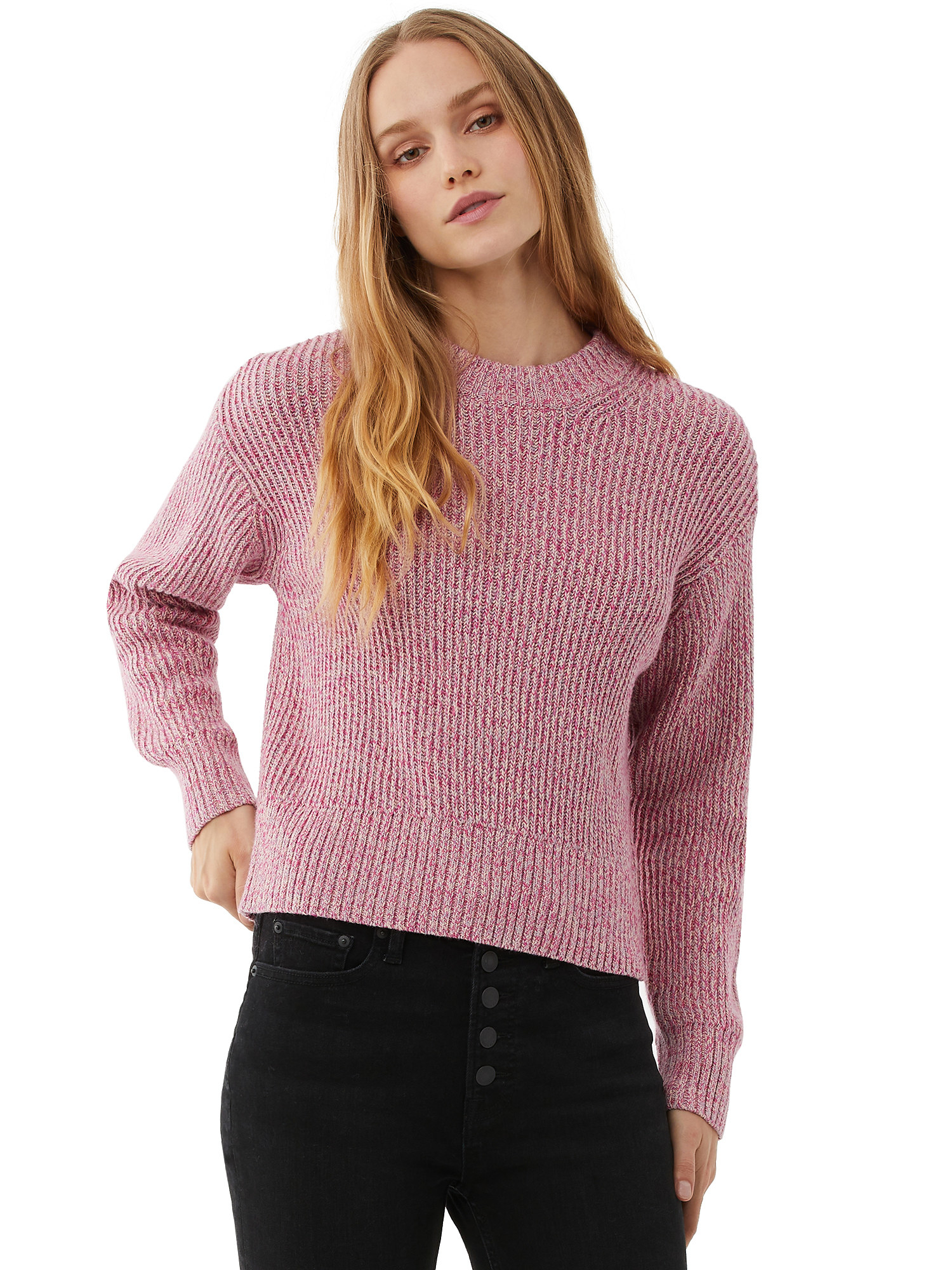 Model wearing pink crewneck sweater