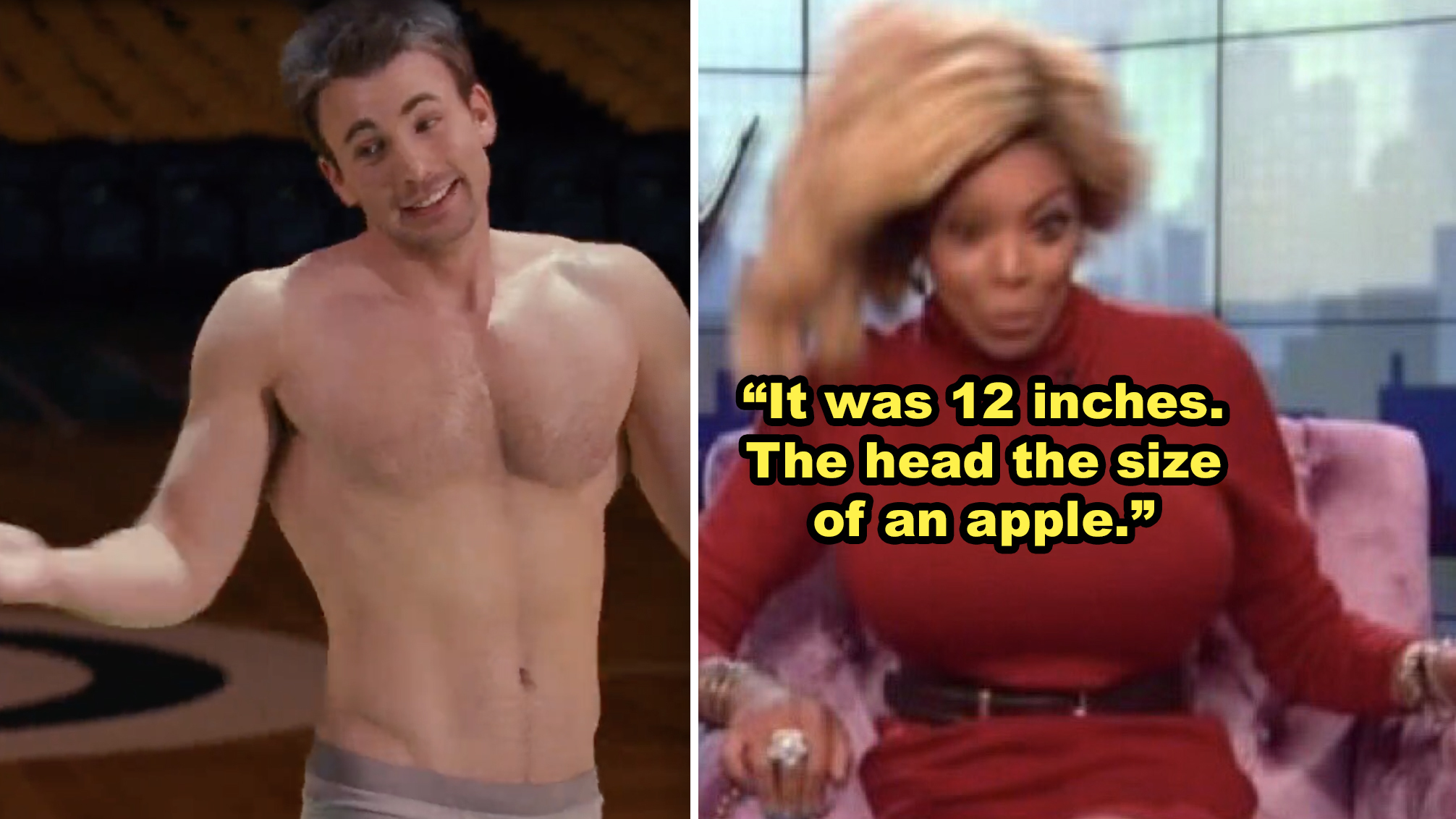 Side-by-side of a shirtless Chris Evans in "What's Your Number?" and a meme of Wendy Williams reacting shocked