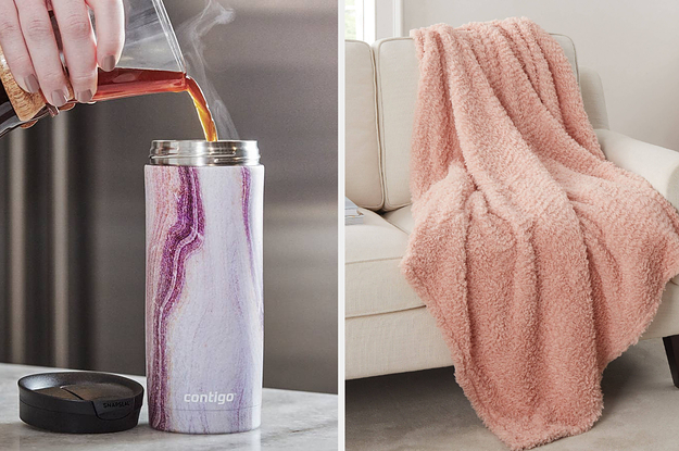 on left a mug and on right a plush pink blanket