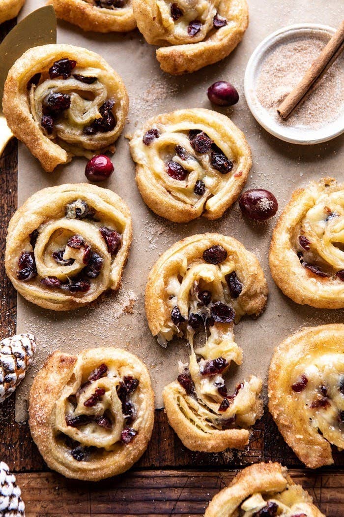 Half a dozen puff pastry roll-ups filled with Brie and cranberries.
