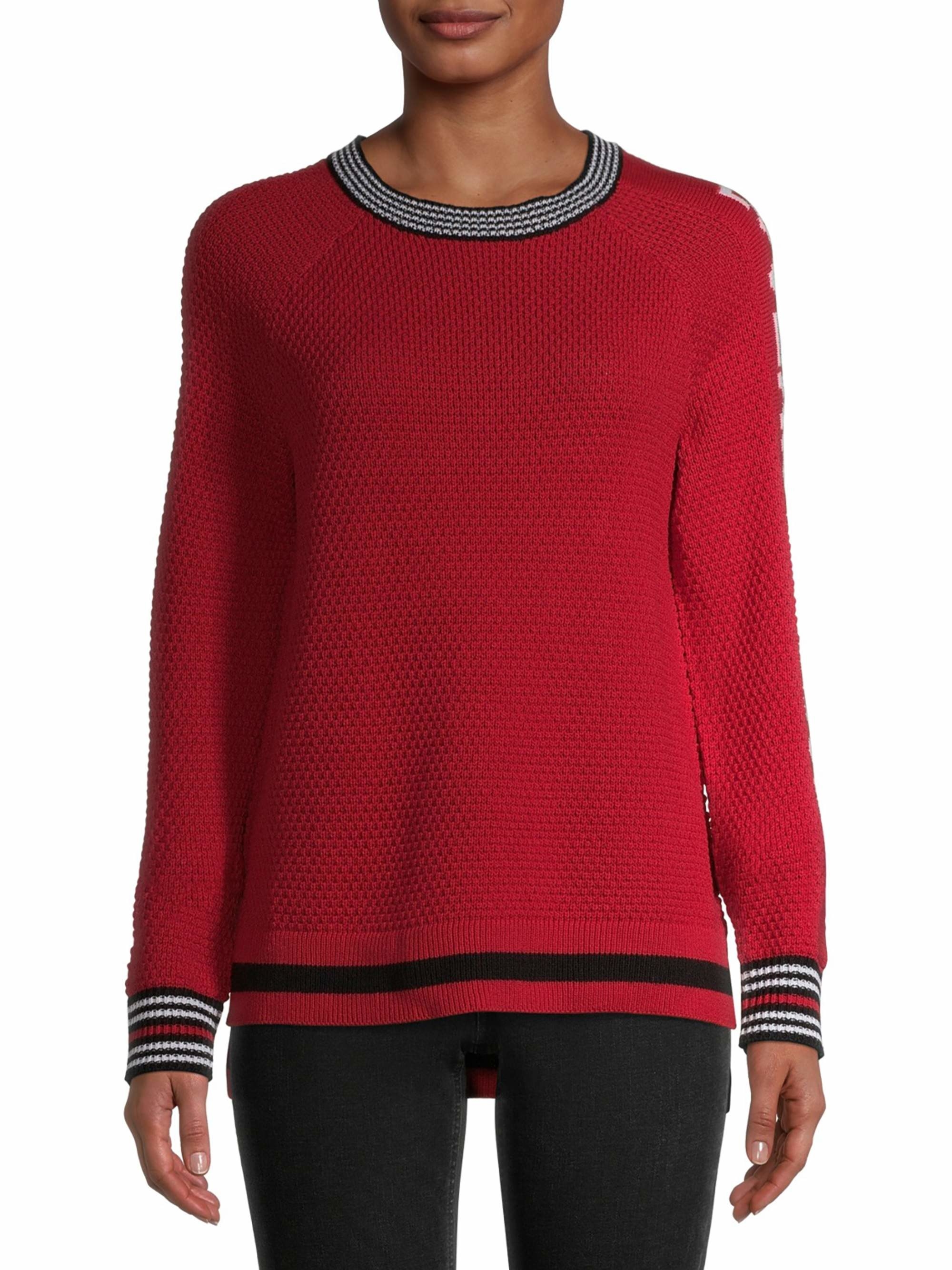 Model wearing a red pullover
