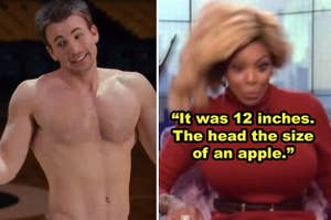 Side-by-side of a shirtless Chris Evans in "What's Your Number?" and a meme of Wendy Williams reacting shocked