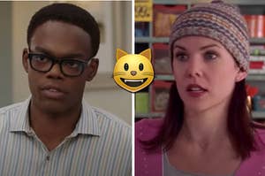 Chidi from "The Good Place" is on the left with Lorelai from "Gilmore Girls" on the right and a cat emoji in the center