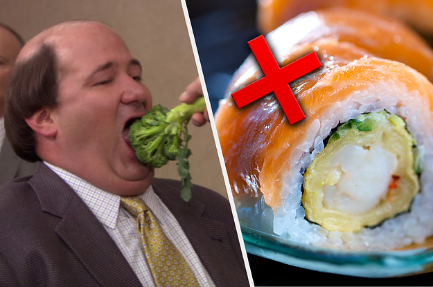 Split Image: Kevin from the office eating a piece of broccoli on the left and a piece of sushi on the right with a big red X over it