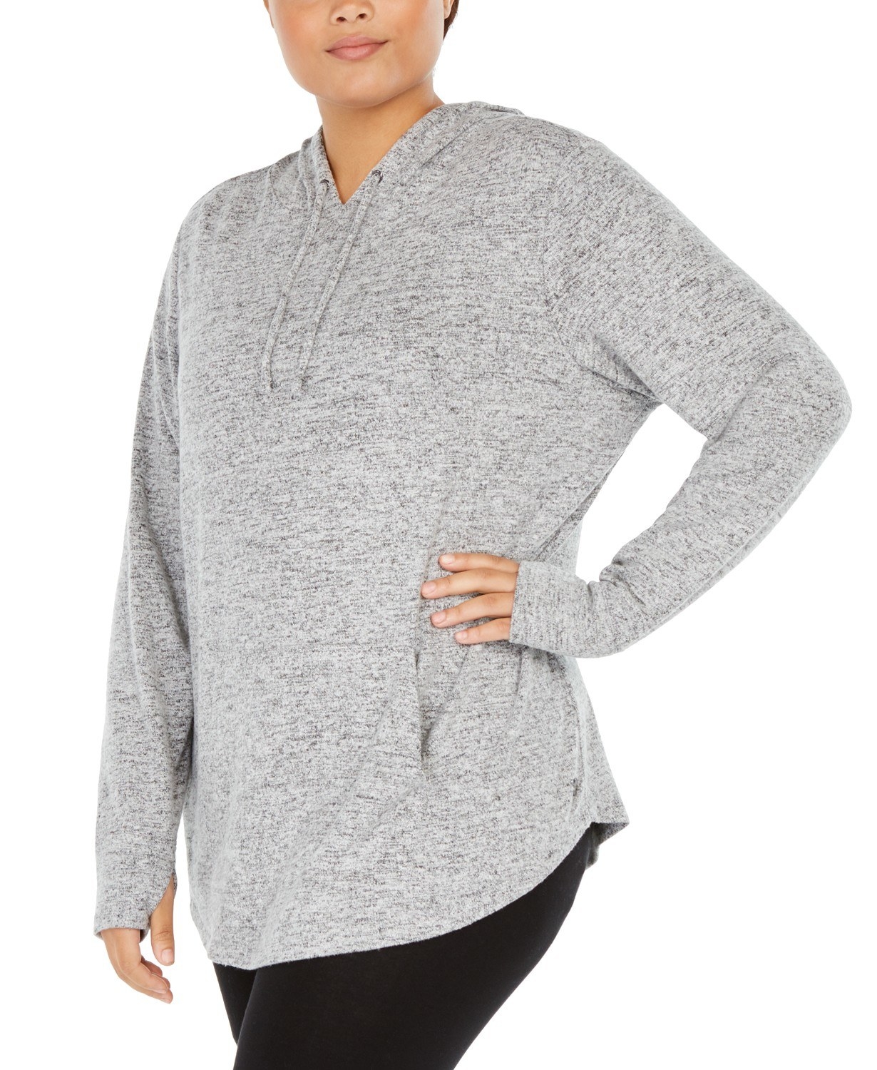 Model in gray thumb-hole hoodie with drawstrings at collar 