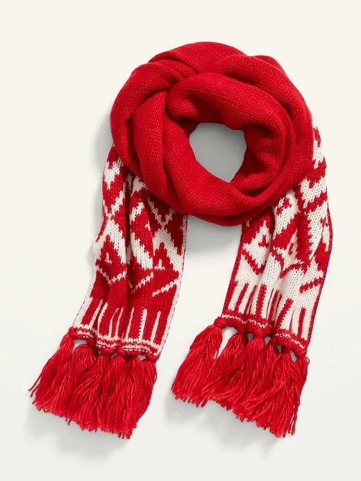 A red and white scarf with fringes at the bottom of each side