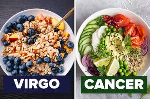 Split Image: a blueberry granola breakfast bowl on the left with virgo written over it and a fresh green salad on the right with cancer written over it