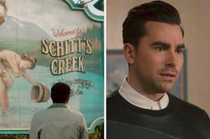 On the left, the "Welcome to Schitt's Creek" sign, and on the right, David from "Schitt's Creek"