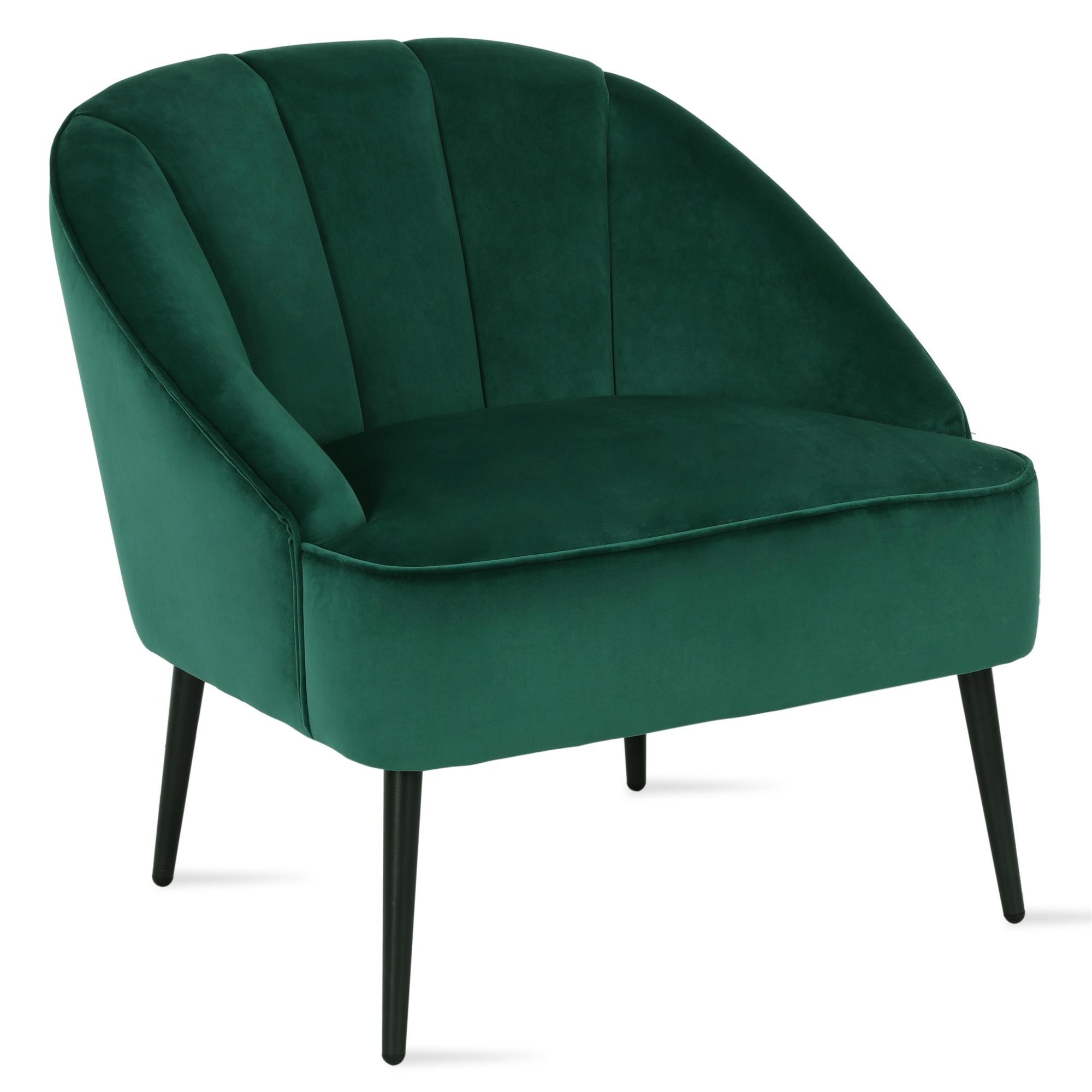 green shell-shaped accent chair with black legs