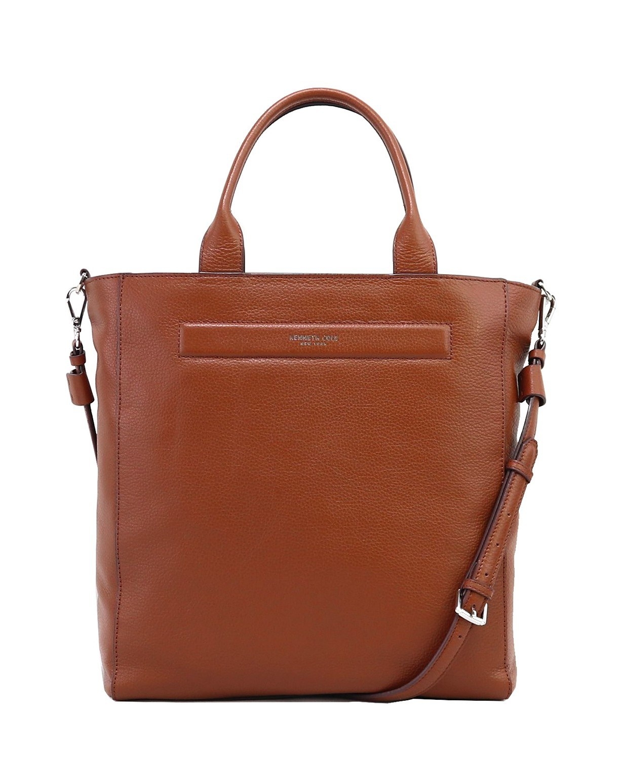 A brown leather tote bag with handles and adjustable shoulder strap 