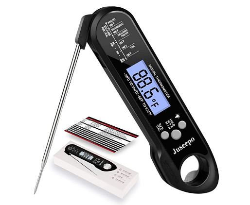 Meat thermometer next to box and instructions