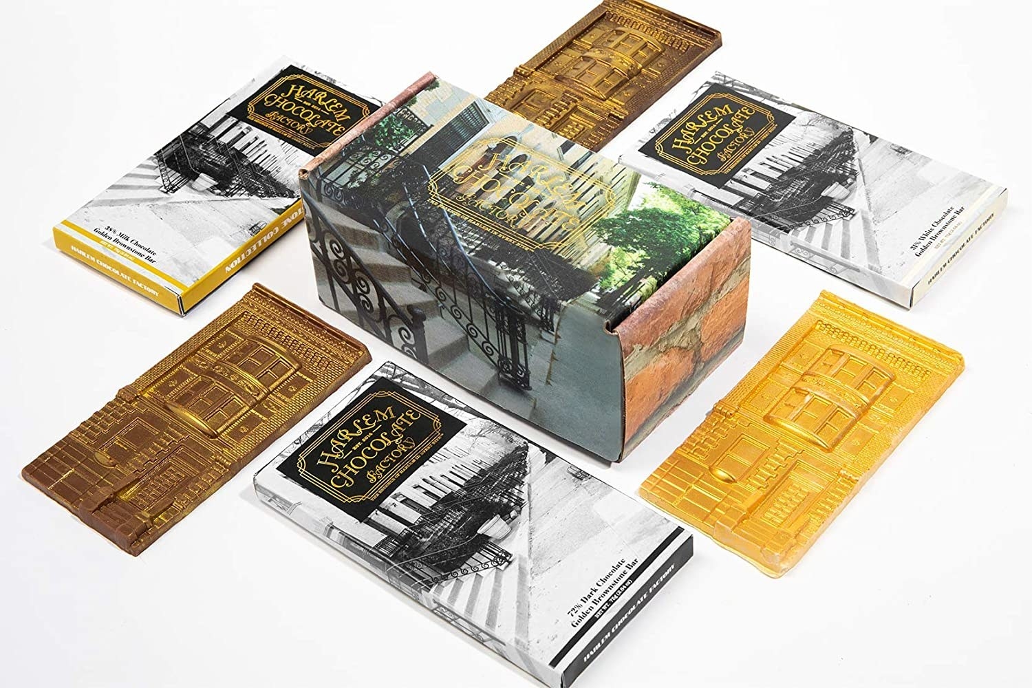 The box, decorated with an image of Harlem buildings, and the six individually wrapped bars