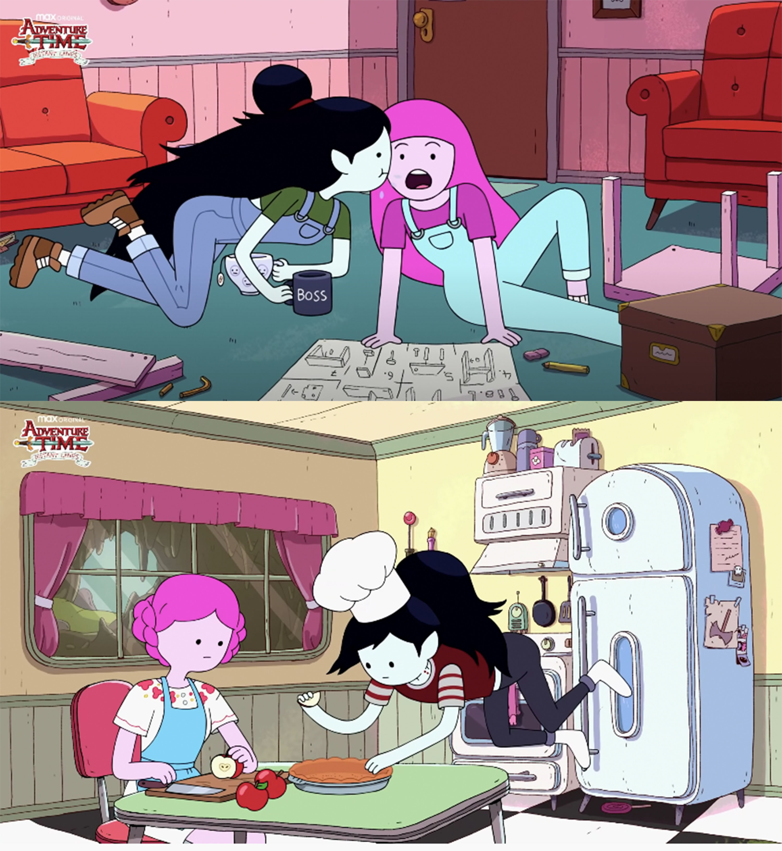 Marceline kissing Princess Bubblegum&#x27;s cheek, the couple baking apple pies together