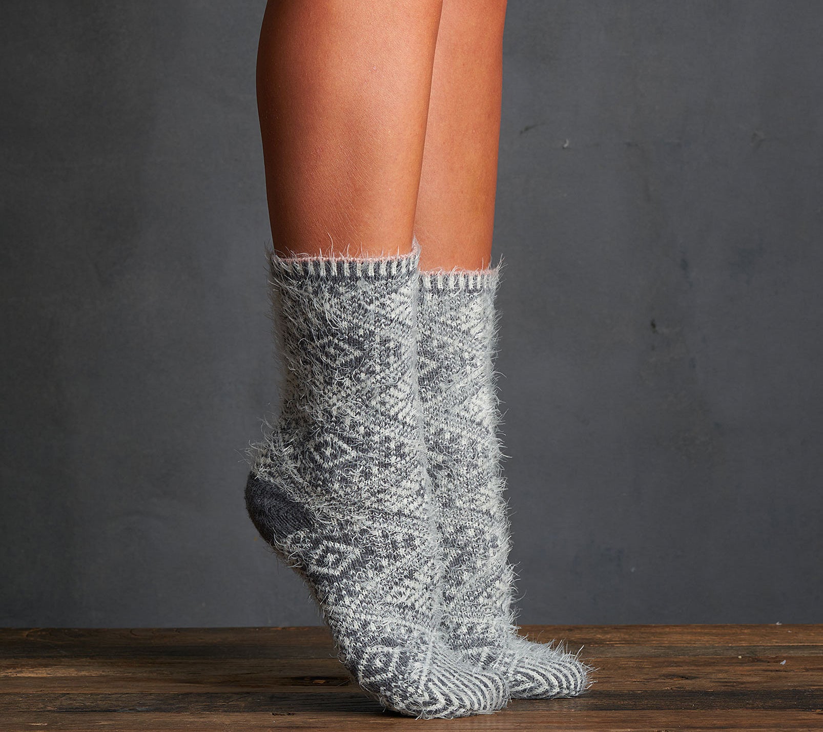 A person wearing fluffy socks