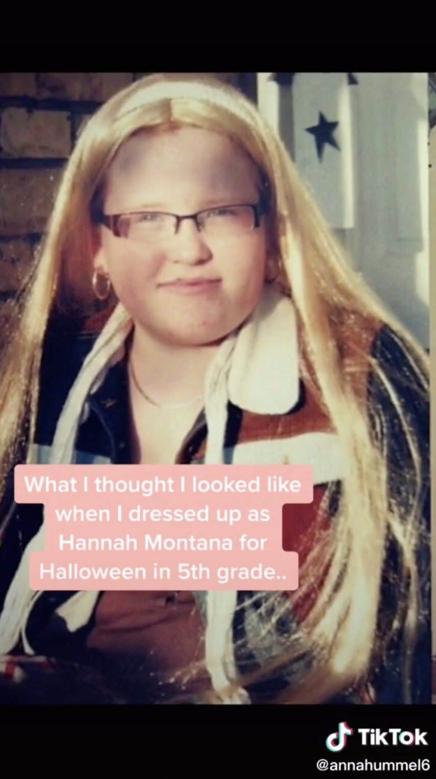 Still of  @annahummel6 with a caption that says, &quot;What I thought I looked like when I dressed up as Hannah Montana for Halloween in 5th grade..&quot;