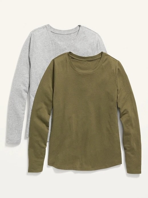 An plain olive green long sleeve tee displayed in front of a plain grey long sleeve tee