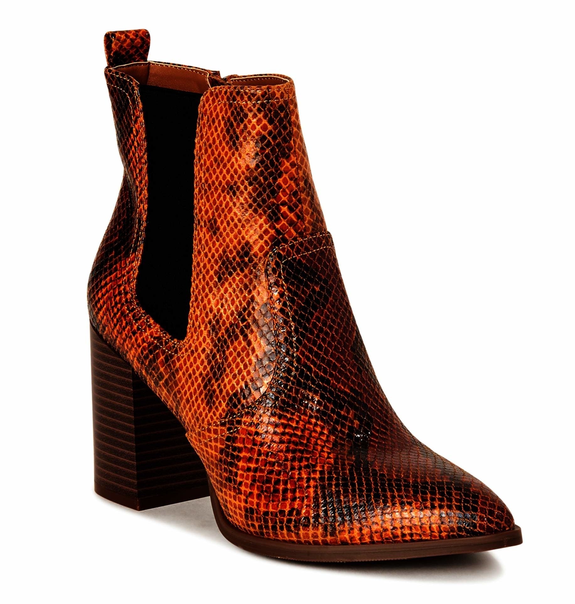 orange snakeskin bootie with a heel