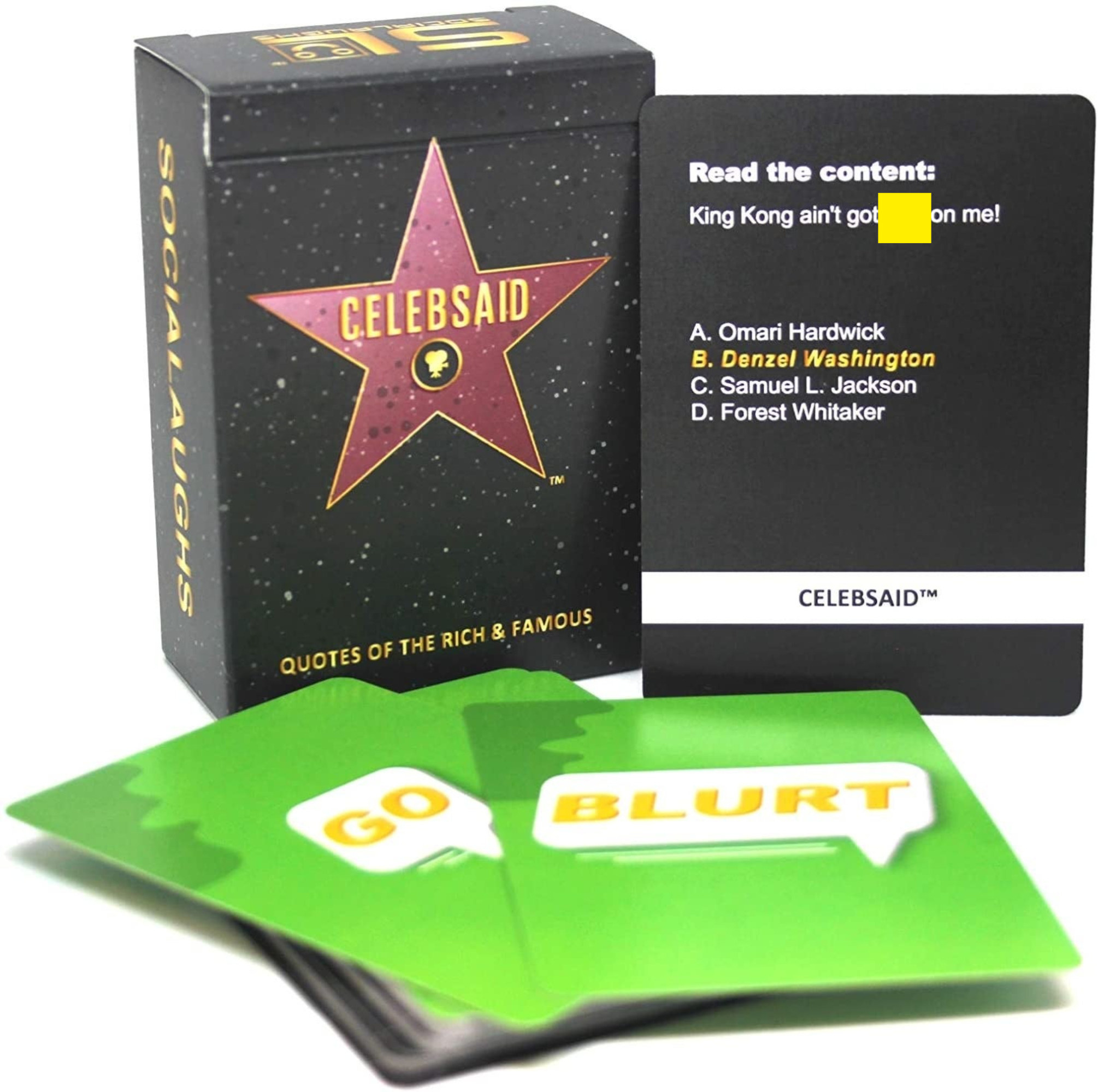 The card game and its box, with an example card asking which celebrity said &quot;King Kong ain&#x27;t got [expletive] on me!&quot; with the options Omari Hardwick, Denzel Washington. Samuel L. Jackson, and Forest Whitaker