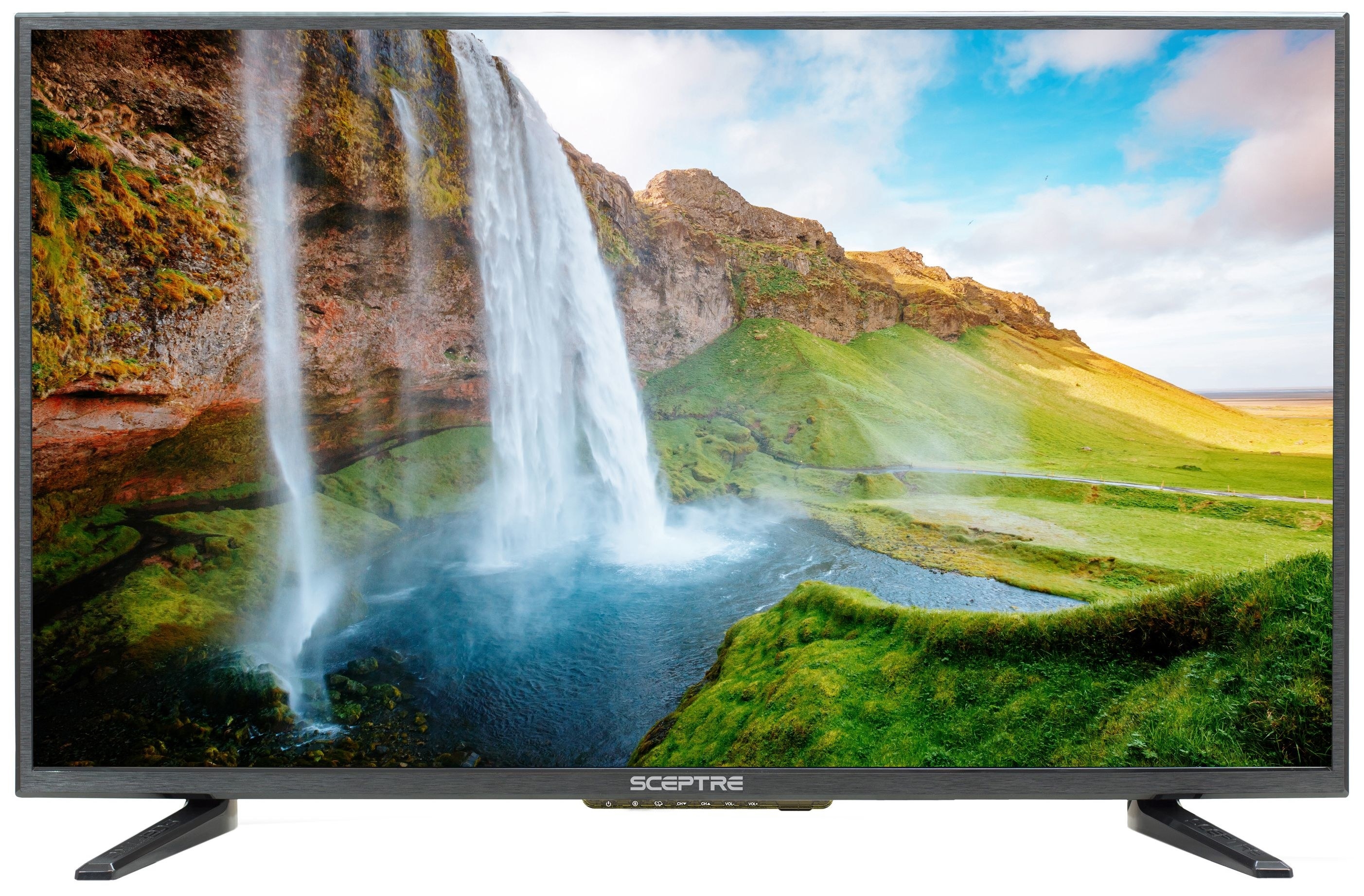 sceptre LED tv with a waterfall backgroun