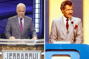 Alex Trebek in 2019 and in one of his earliest Jeopardy! episodes