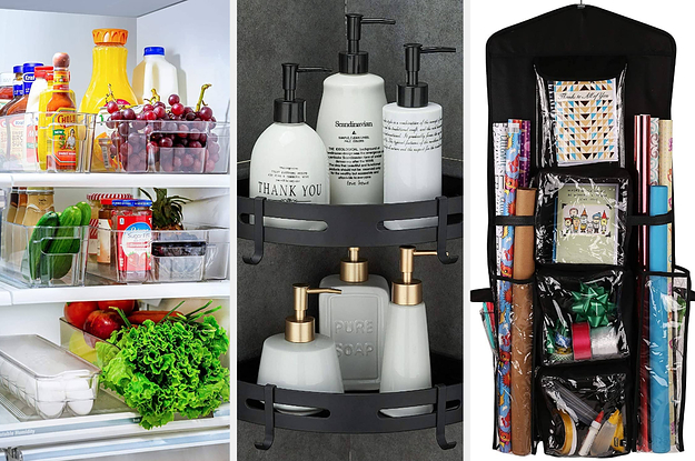 fridge with bins organizing different product, sauces, and eggs, two floating shower shelves with bottles of shower products, and a gift wrap organizer with rolls of wrapping paper and ribbons