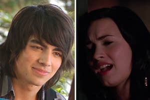Joe Jonas is on the left with Demi Lovato singing on the right